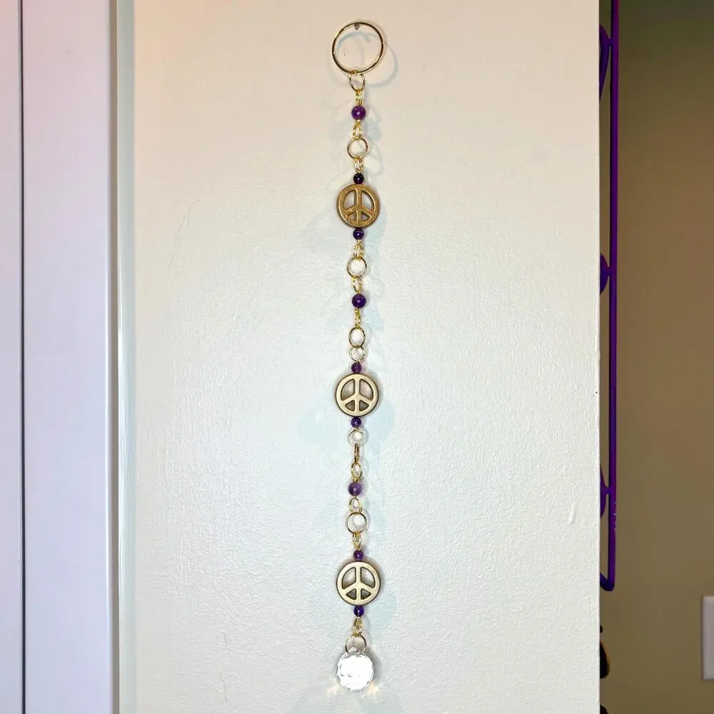 Amethyst Peace Sign Wall Hanging Gold Peace Charm Amethyst Beads Crystal Prism